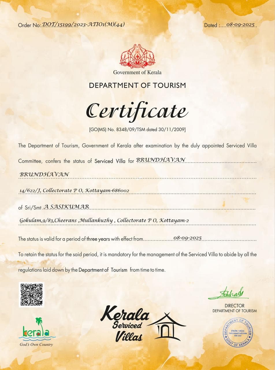 Kerala Tourism Serviced Villa Certificate